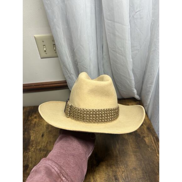 VTG Stetson 4X Western Cowboy Hat Tan Fur Felt Rancher Style USA Braided Buckle - Picture 3 of 16